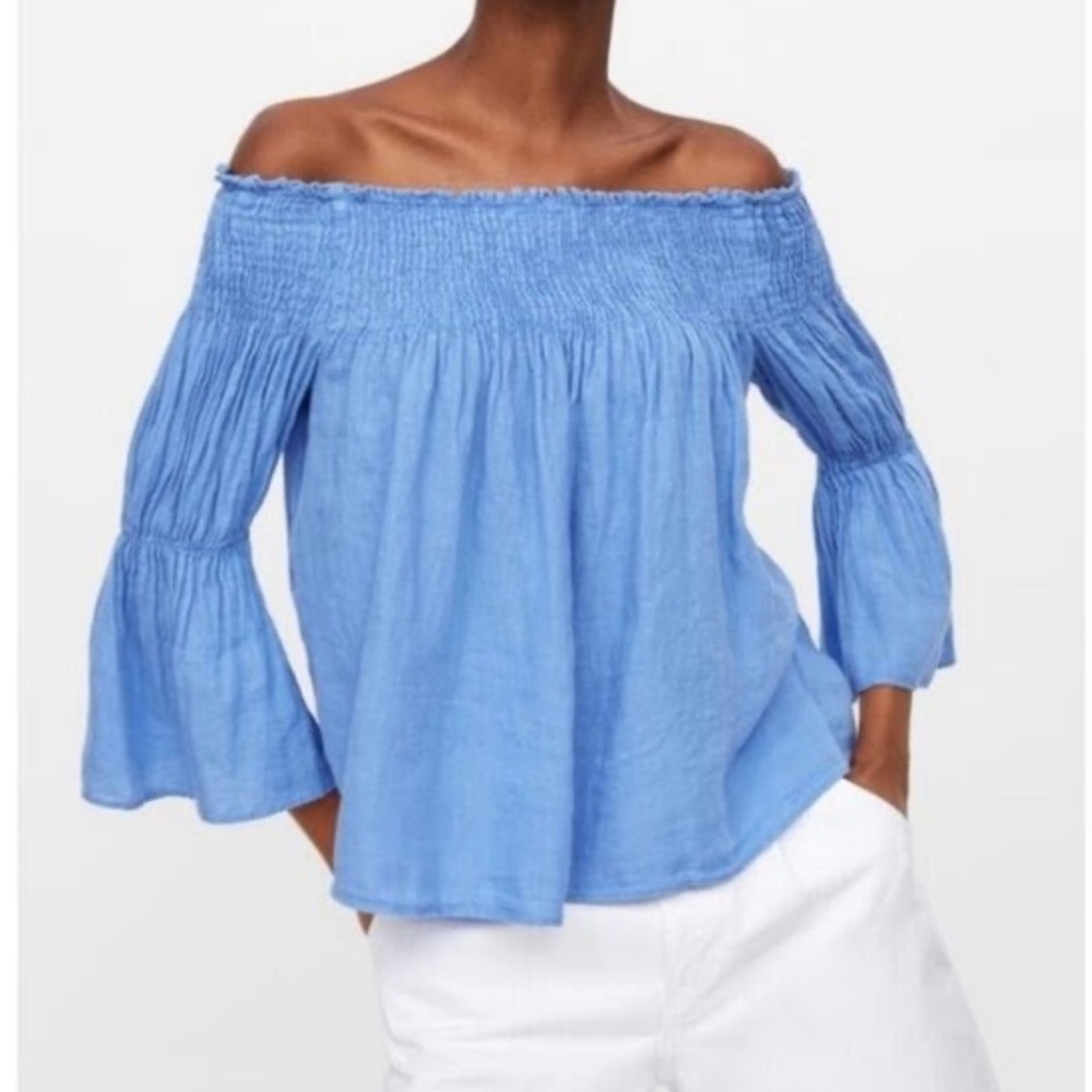 NEW Zara Blue Linen Off The Shoulder Smocked Top S